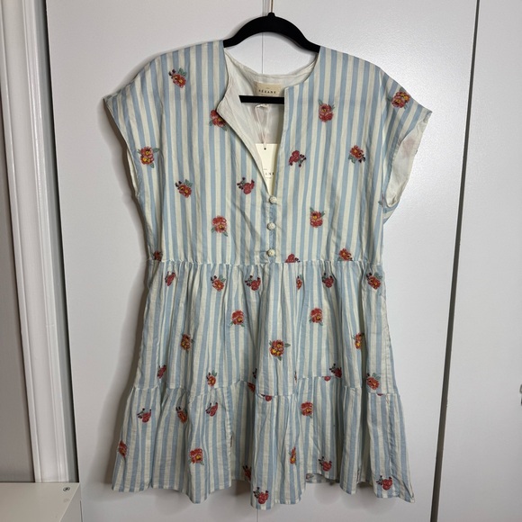 Sézane Saphir Mini Dress Floral Embroidery Blue White Striped US 6 NWT - Picture 3 of 14